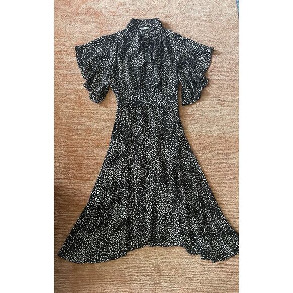 Max Studio Black White Dot Print Flutter Sleeve Midi Dress Size L Polyester - Picture 1 of 8